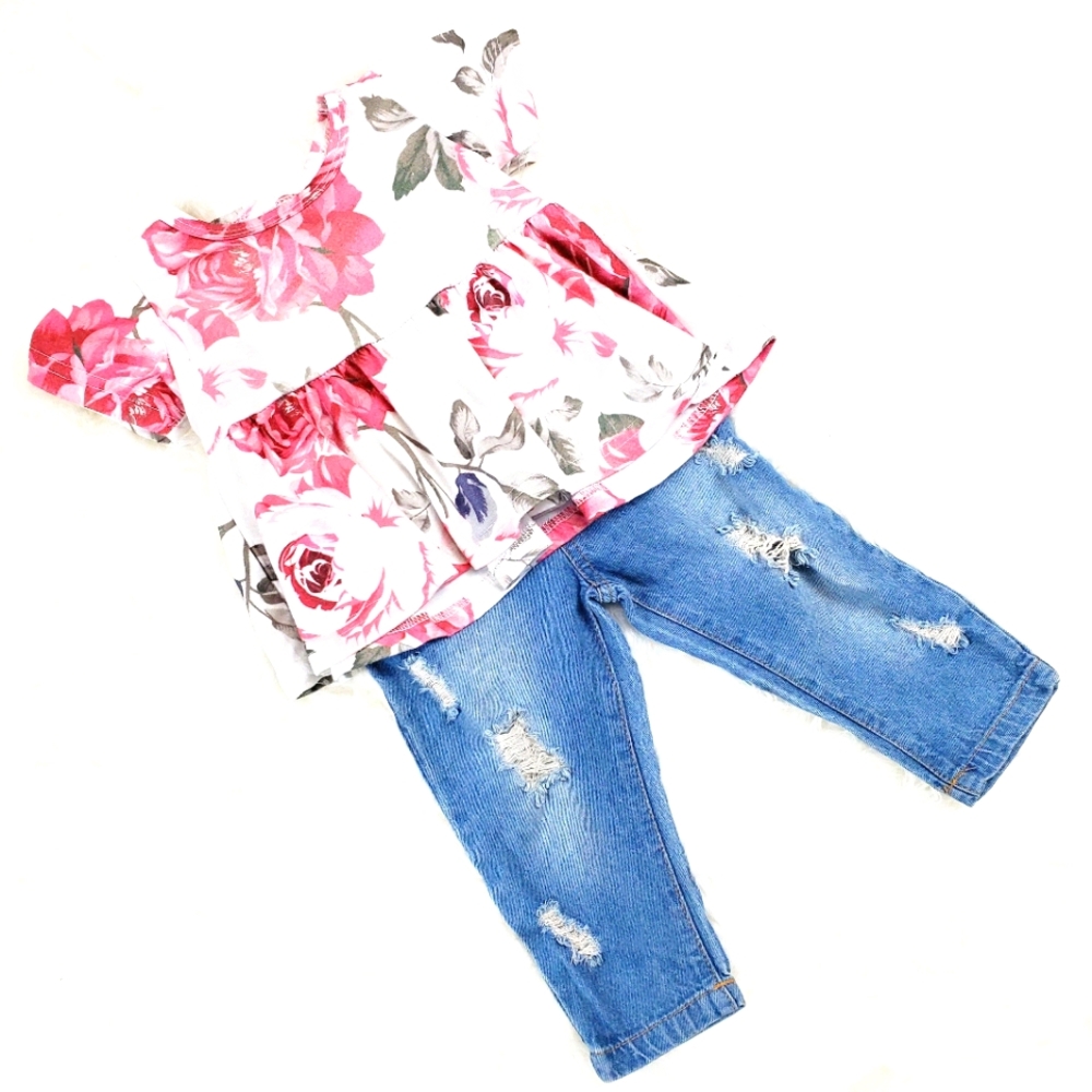 2 piece jeans and floral shirt girl toddler outfit
